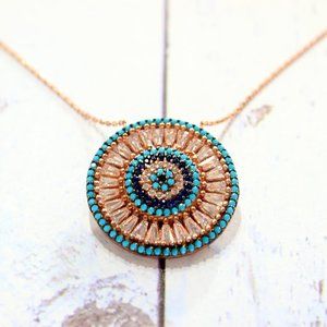 TURQUOISE EVIL EYE CIRCLE BAGUETTE CUT CZ NECKLACE